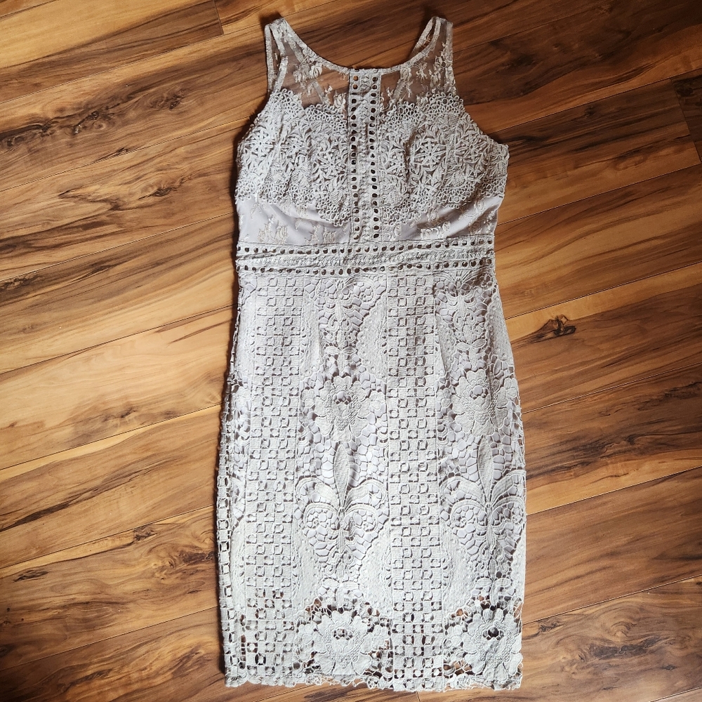 Soieblu Grey Lace Mesh Detail Sheath Dress Size L